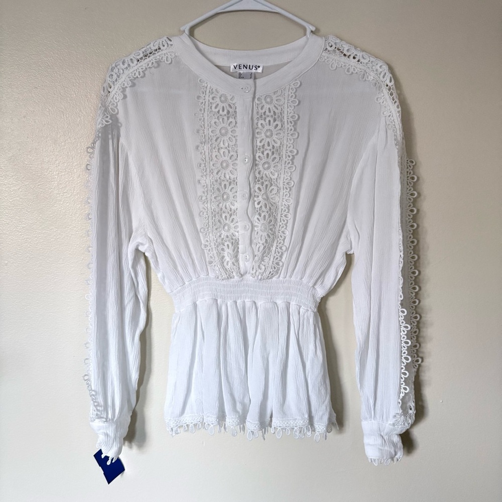 VENUS Elegant Boho White Lace Sheer Blouse Size 8